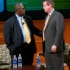2011-2012 Daniel Rose Fellow Mayor Sly James of Kansas City, Missouri and 2009-2010 Daniel Rose Fellow alum Mayor Karl Dean of Nashville, Tennessee chat briefly before the Rose Center's Mayors' Forum on the stage of Central Library in Los Angeles, CA.