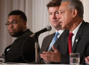 Mayor Pedro Segarra (right) speaking to other Daniel Rose Fellows about Hartford's land use challenge during the Rose Center's working meeting at the ULI Fall Meeting in Chicago. (pictured with Hartford Daniel Rose Fellows left to right: Brandon McGee, Representative, Connecticut State Assembly and Steven Bonafonte, Chair, Hartford Redevelopment Agency)