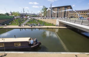 Open space accounts for 40 percent of the scheme. Granary Square is one of ten new squares and features 1,000 choreographed fountains, trees, and canalside steps. (John Sturrock)