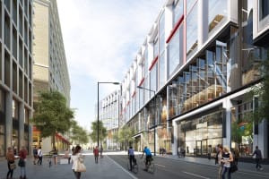 King’s Boulevard (artist’s impression): A leafy thoroughfare that runs through the middle of the scheme. Street-food traders were sited here in the early days to provide a buzz on site. (INK)