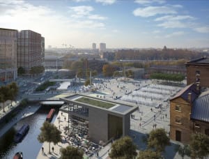 An elevated view of the 86,100-square-foot (8,000 sq m) Granary Square, with bridges across Regent’s Canal. It has drawn more than 175,000 visitors since it opened in 2012. (John Sturrock)