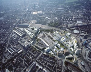 Illustrated buildout of King’s Cross, looking west: the 67-acre (27 ha) site forms one of the largest city-centre regeneration schemes in Europe. (KCCLP)