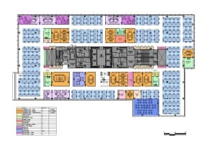 An illustrative floor plan shows the new building core and an example of how a very high-density layout could look. The current tenants have arranged their spaces at lower densities.