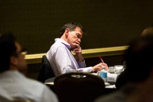 Student Daniel Horvat of Archer Development listens to speakers during the Value-Add Real Estate Development and Investment class on Monday, February 10, 2014. The Value-Add Real Estate Development and Investment class was the first in the ULI Real Estate Entrepreneur Program.