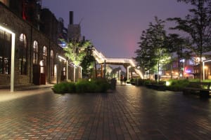 The plaza in front of the restored Stock House, now home to the Bethlehem Visitor Center. (Halkin/Mason Photography for WRT)