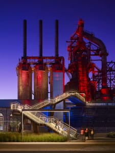 The steel stacks and the bridge to the Hoover-Mason Trestle at night. (Halkin/Mason Photography for WRT)